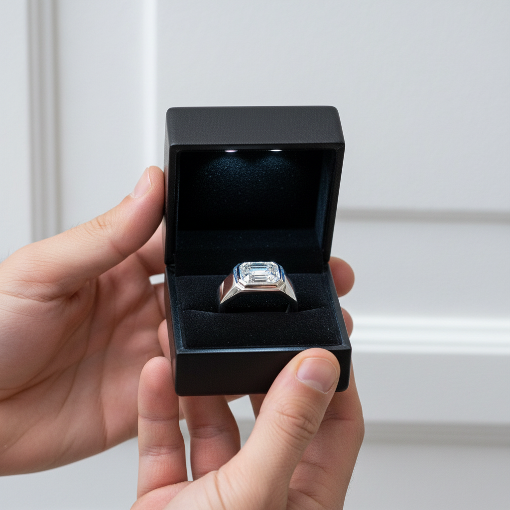Silver ring with a large diamond in a black box held by a hand against a white background