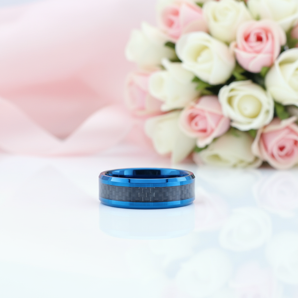 Blue With Black Carbon Fiber Tungsten Unisex Couple Wedding Bands-Black Diamonds New York