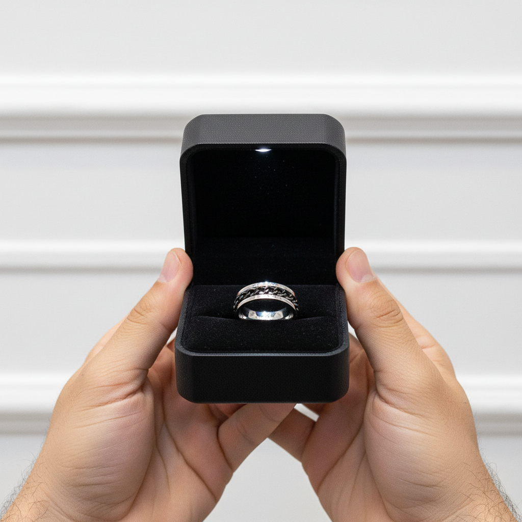 Titanium Stainless Steel Black Chain Spinner Ring-Black Diamonds New York