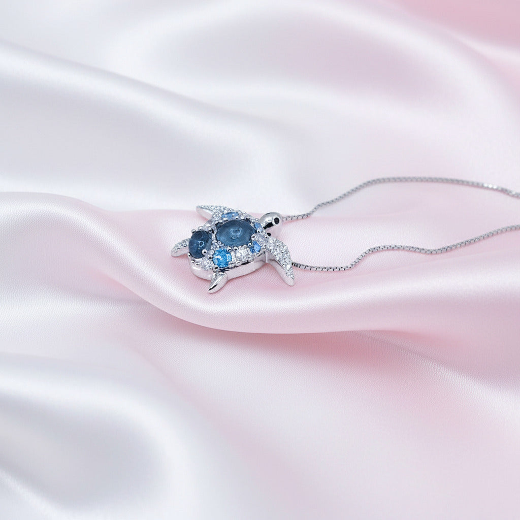 Blue Spinel Sea Turtle Pendant Necklace with Diamond-Black Diamonds New York