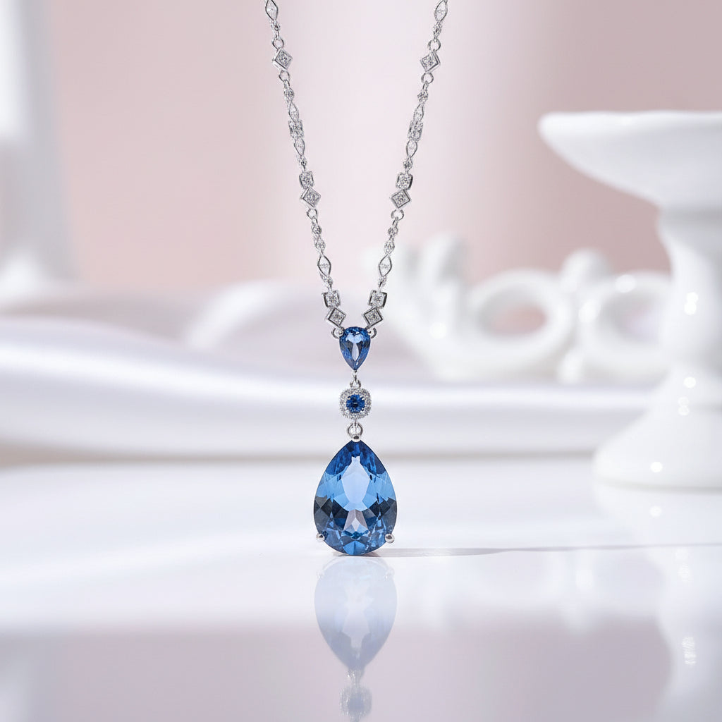 Pear-cut Lolite Blue Mystic Quartz Pendant Necklace-Black Diamonds New York