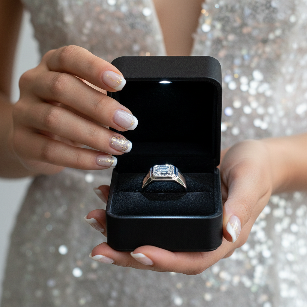 Diamond ring in a black box held by hands against a glittery background