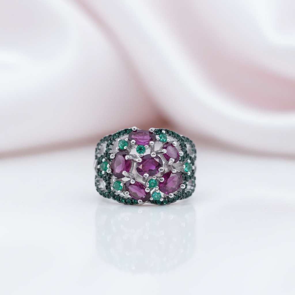 Art Deco 2.30Ct Rhodolite Garnet Birthstone Ring-Black Diamonds New York