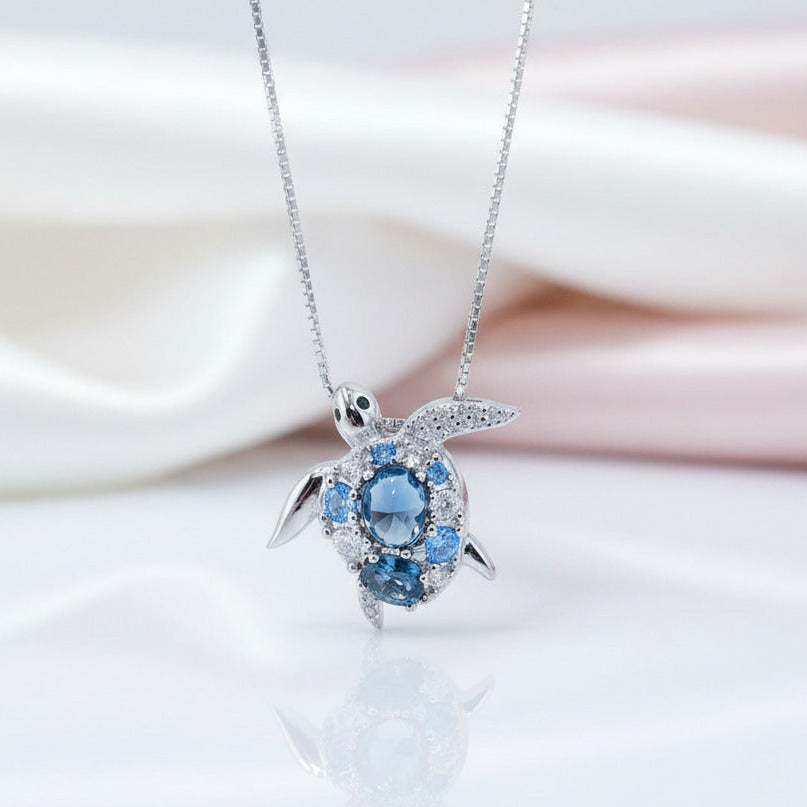 Blue Spinel Sea Turtle Pendant Necklace with Diamond-Black Diamonds New York