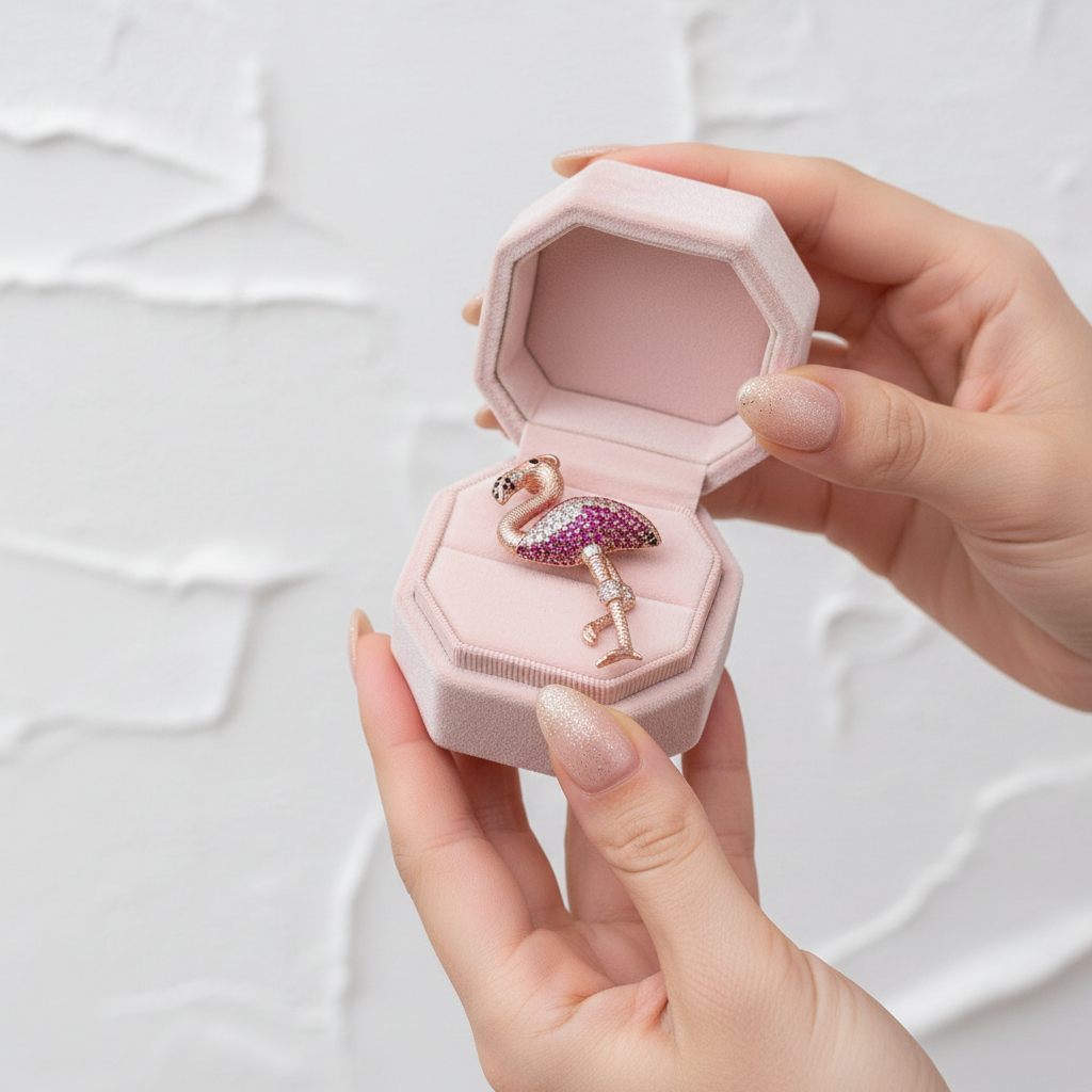 Pink jewelry box with a flamingo-shaped earring held by a hand against a white background