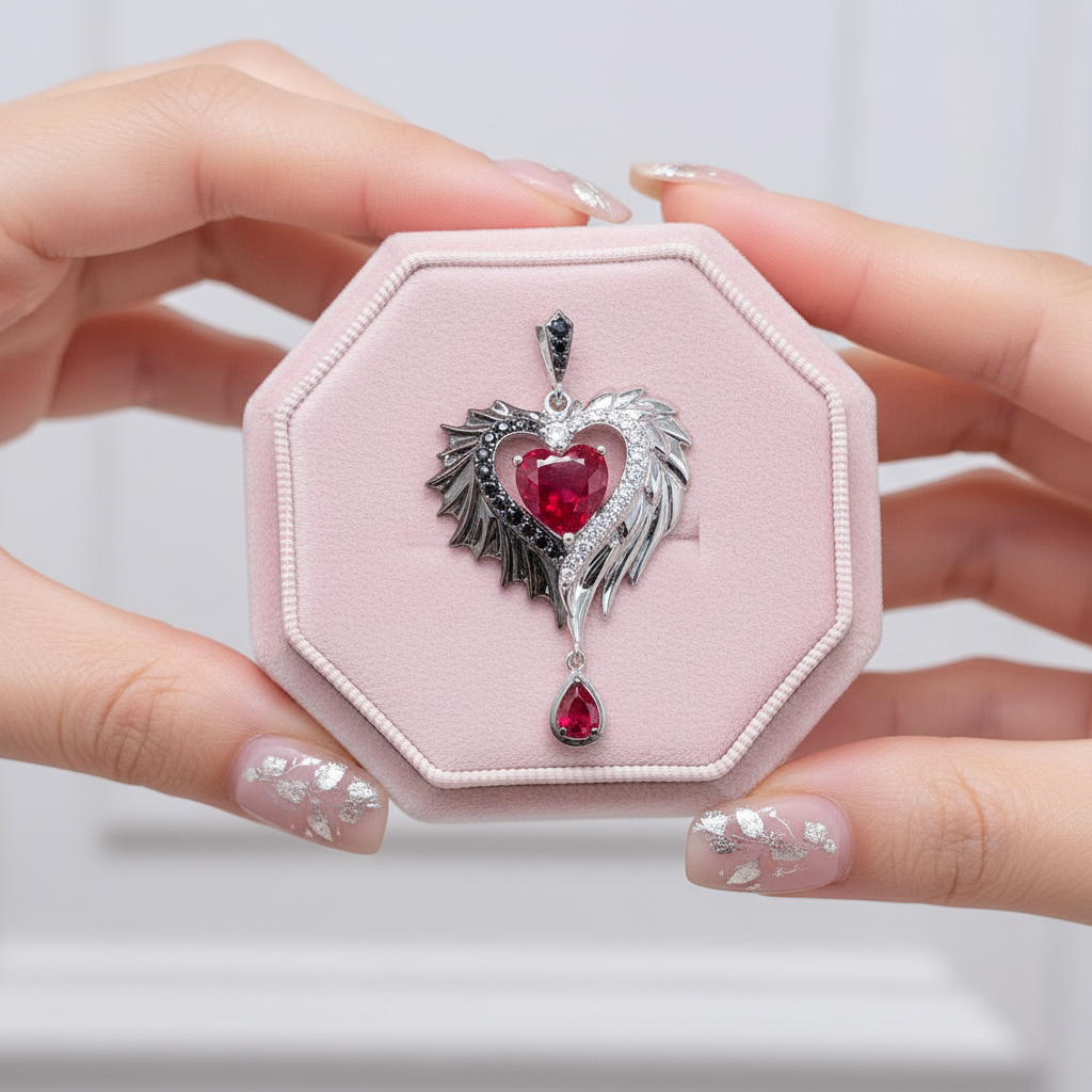 Heart-Shaped Wings with Spinel & Diamonds Pendant-Black Diamonds New York