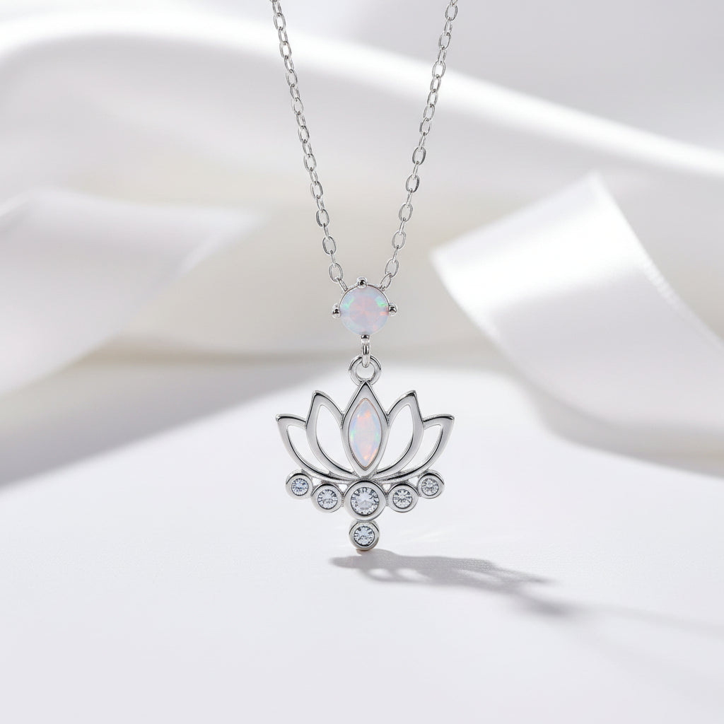 Pink Opal Lotus Flower Pendant Necklace-Black Diamonds New York