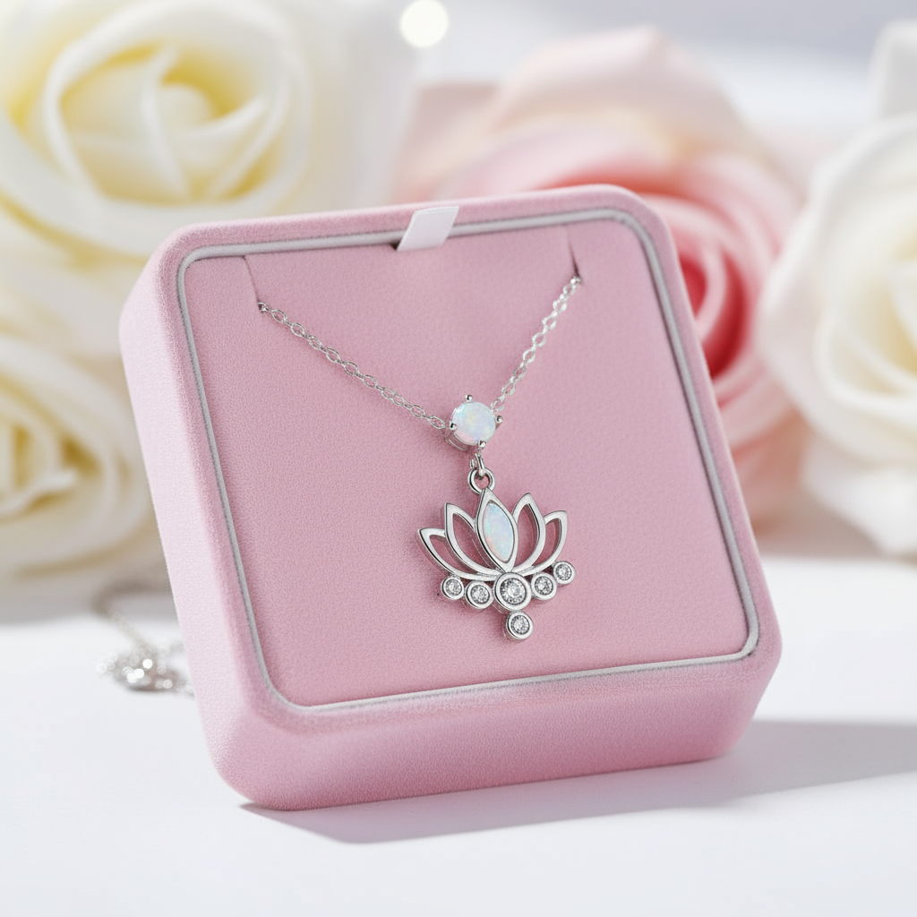 Pink Opal Lotus Flower Pendant Necklace-Black Diamonds New York