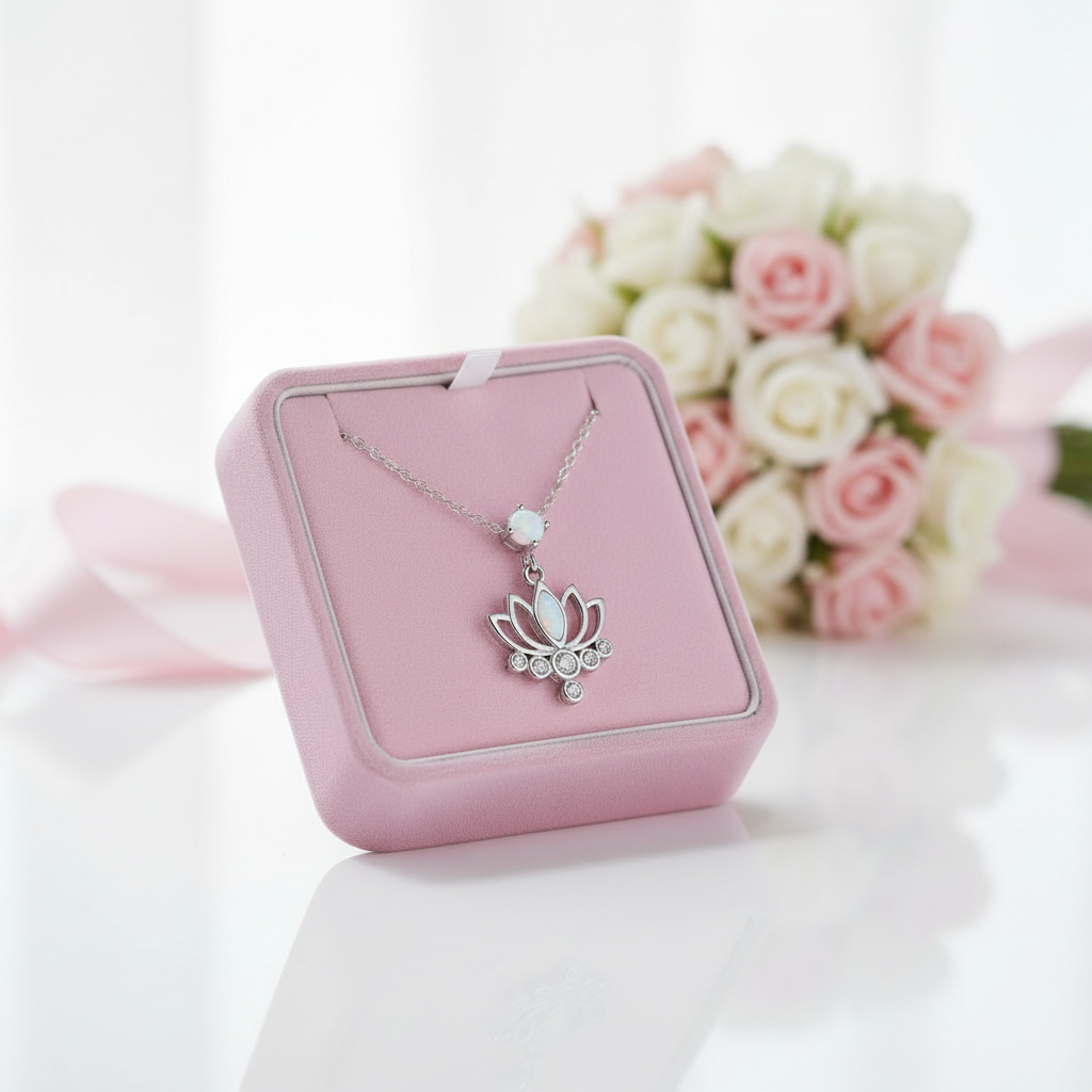 Pink Opal Lotus Flower Pendant Necklace-Black Diamonds New York