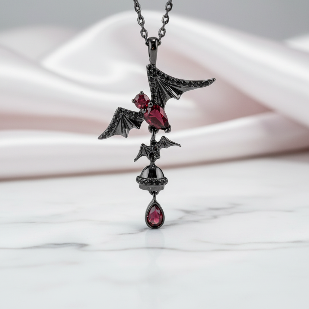 Bat Shaped Natural Garnet Vintage Gothic Punk Necklace-Black Diamonds New York