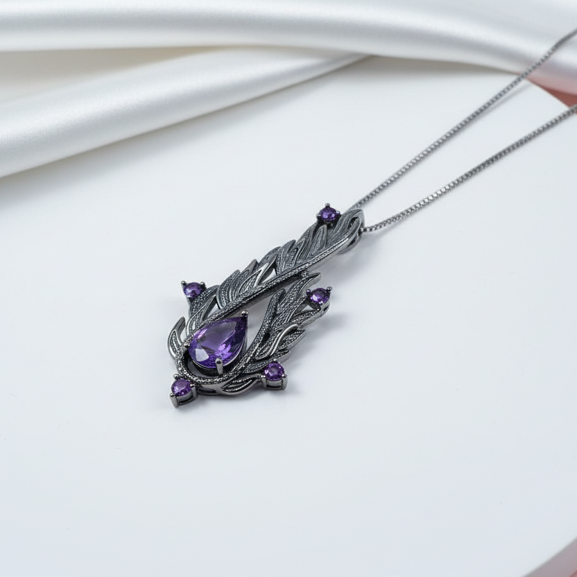 Handmade Angel's Wing Natural Amethyst Gemstone Necklace-Black Diamonds New York