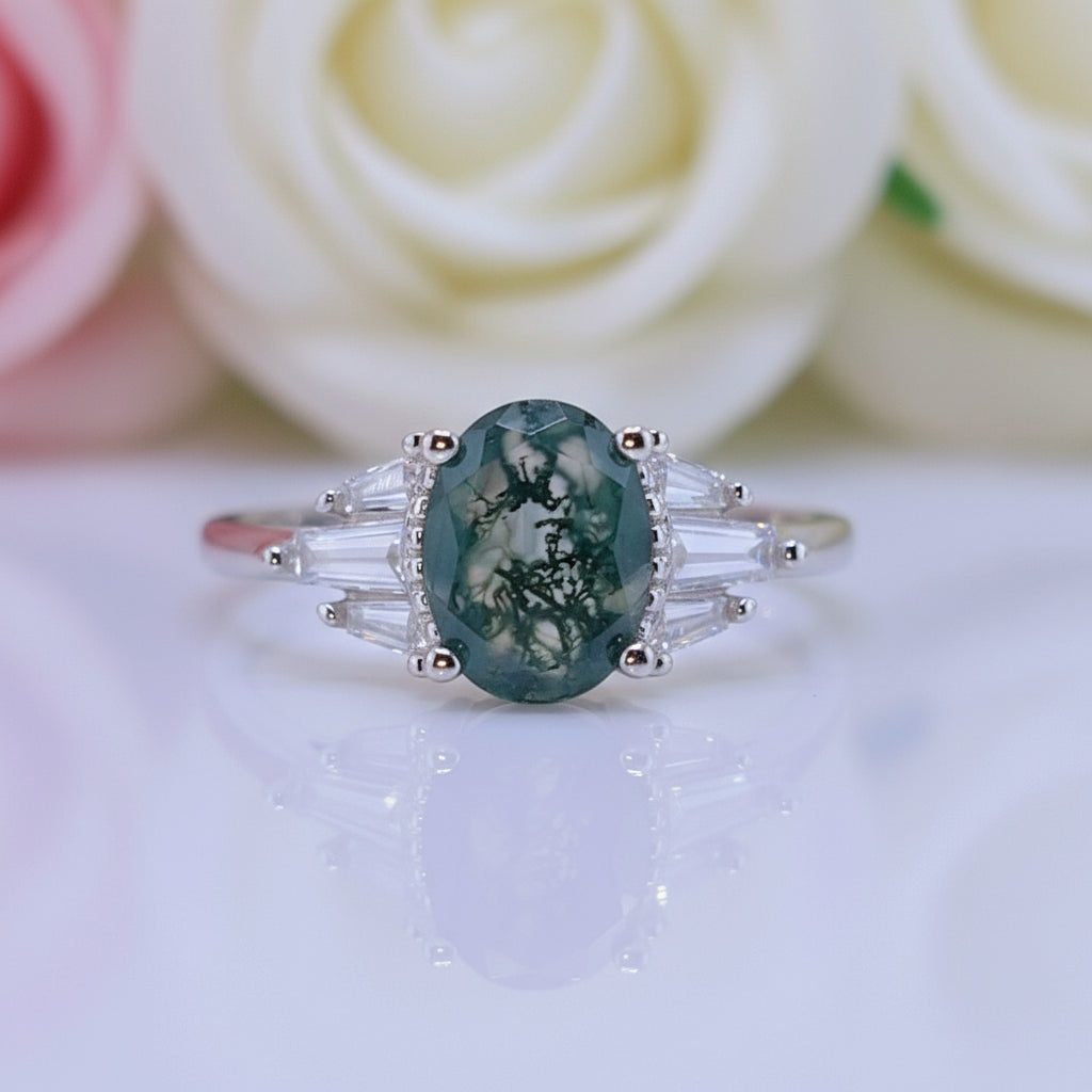 Oval Cut Natural Moss Agate 4 Prong Engagement Ring-Black Diamonds New York