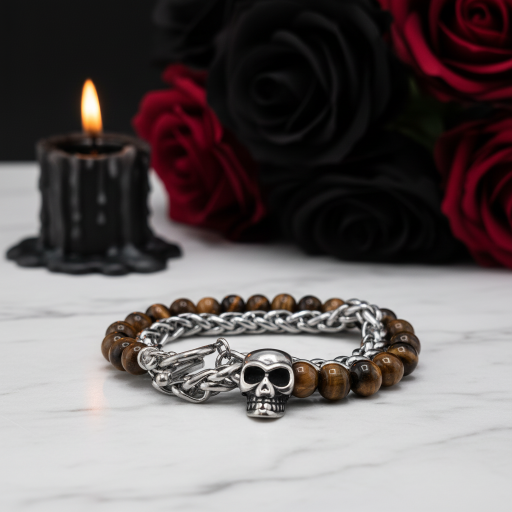 Skull Charm Double Layered Black Lava Bead Bracelet-Black Diamonds New York