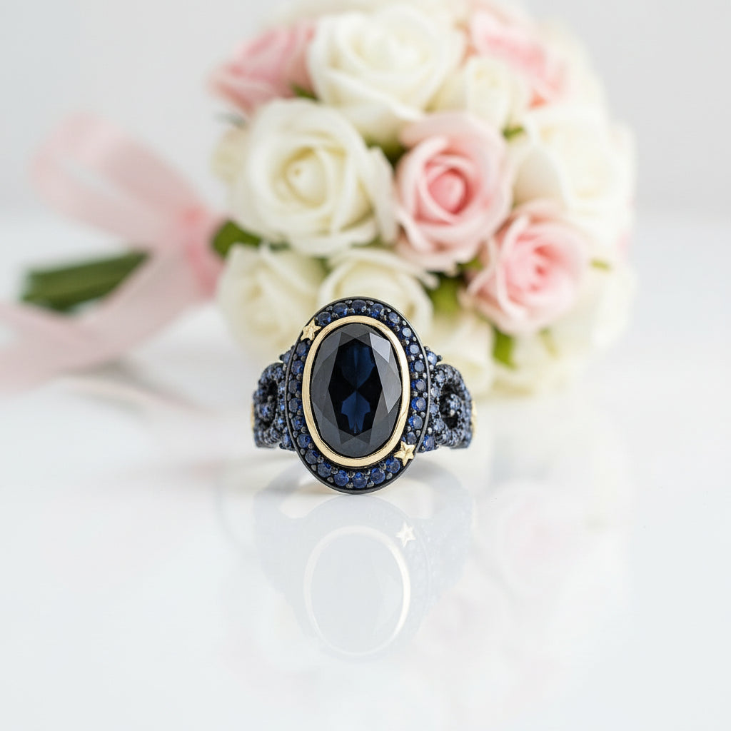 Vintage Natural Gemstone Statement Art Deco Engagement Ring-Black Diamonds New York
