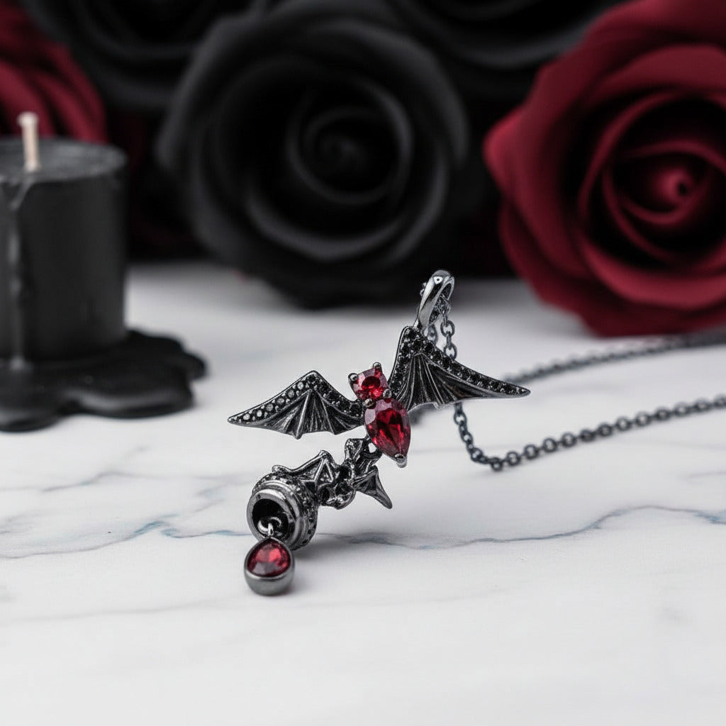 Bat Shaped Natural Garnet Vintage Gothic Punk Necklace-Black Diamonds New York
