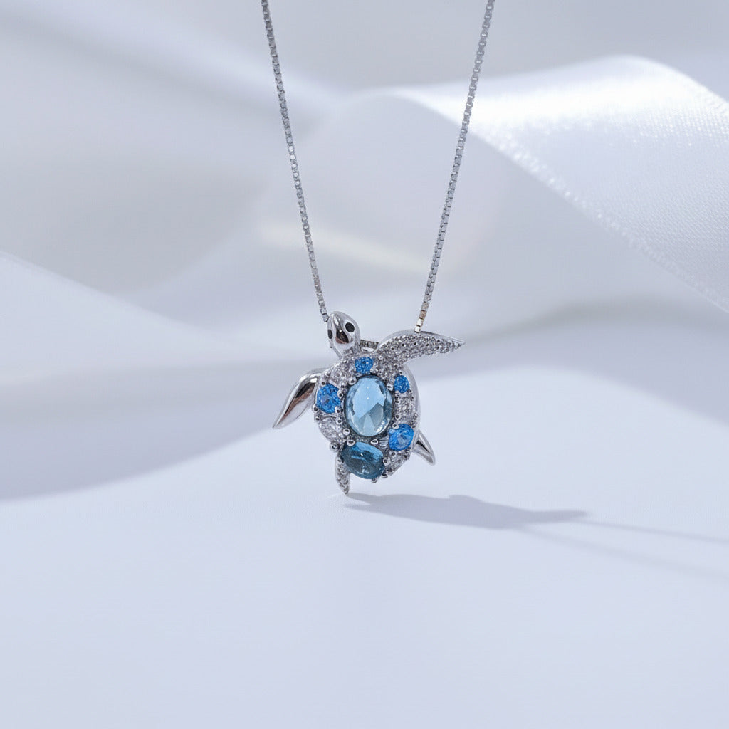 Blue Spinel Sea Turtle Pendant Necklace with Diamond-Black Diamonds New York