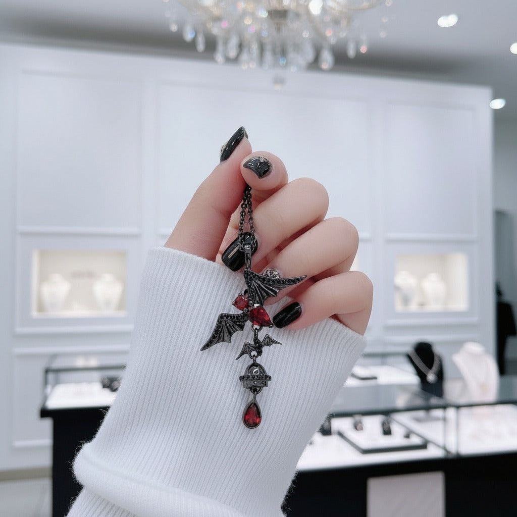 Bat Shaped Natural Garnet Vintage Gothic Punk Necklace-Black Diamonds New York