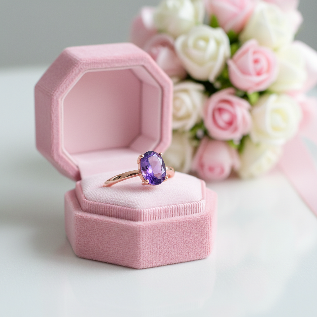 Purple Amethyst Diamond Option Ring in Rose Gold-Black Diamonds New York