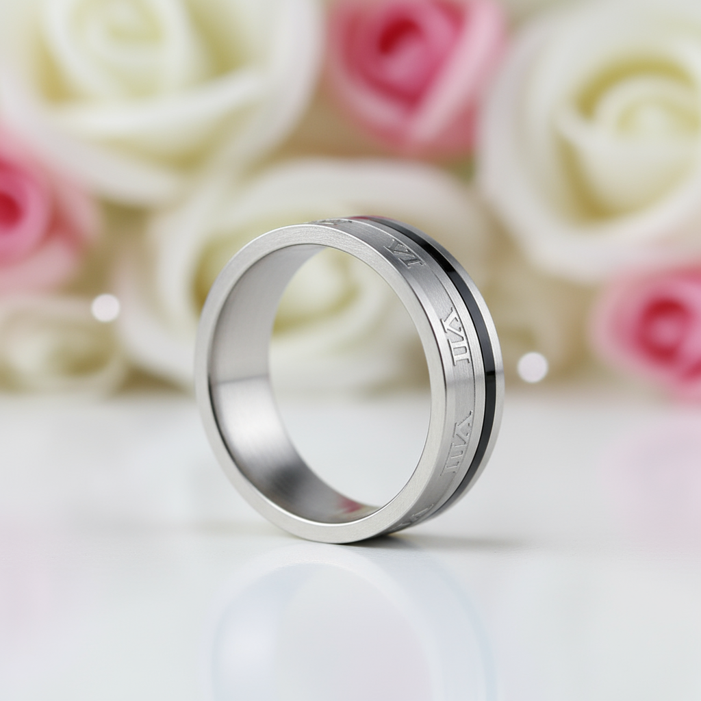 Roman Numbers Solid Stainless Steel Men's Ring Band-Black Diamonds New York