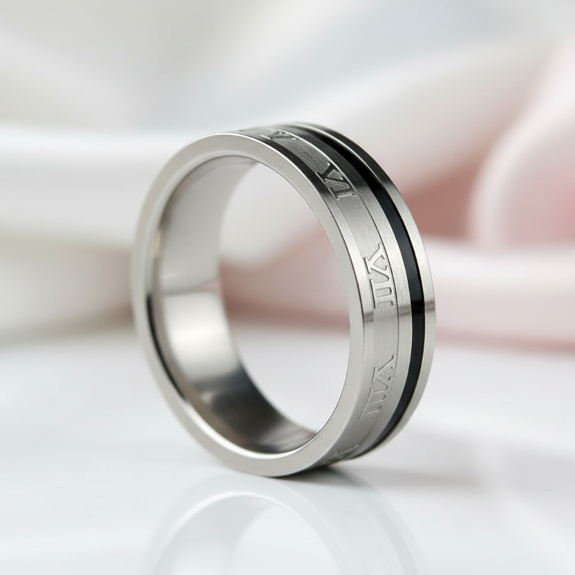 Roman Numbers Solid Stainless Steel Men's Ring Band-Black Diamonds New York