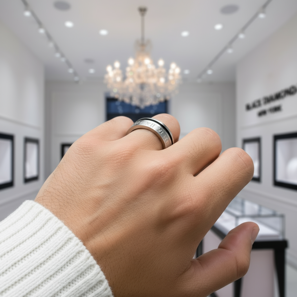 Roman Numbers Solid Stainless Steel Men's Ring Band-Black Diamonds New York