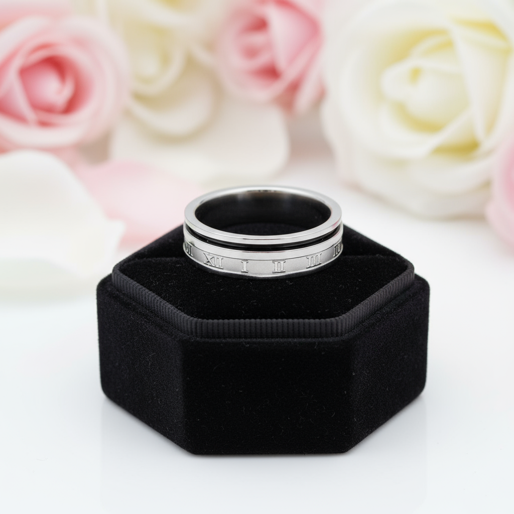 Roman Numbers Solid Stainless Steel Men's Ring Band-Black Diamonds New York