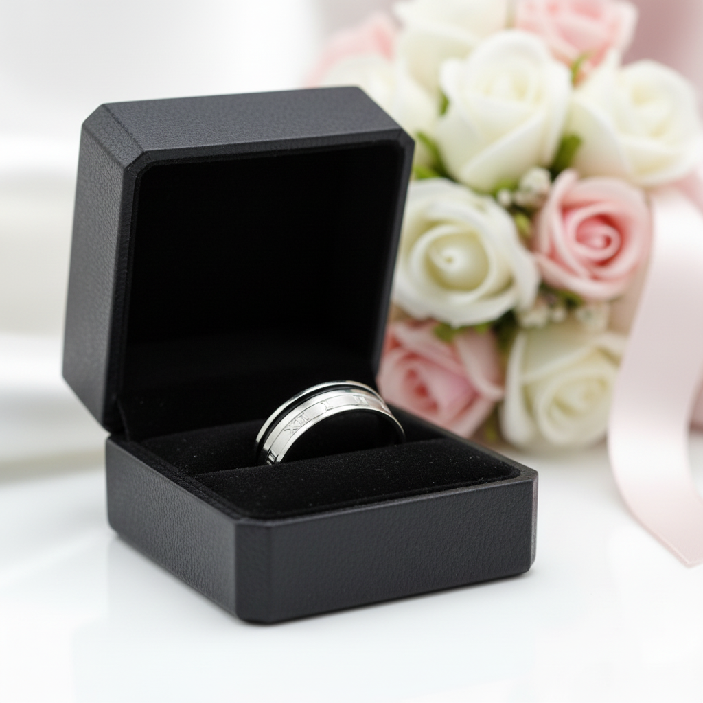 Roman Numbers Solid Stainless Steel Men's Ring Band-Black Diamonds New York