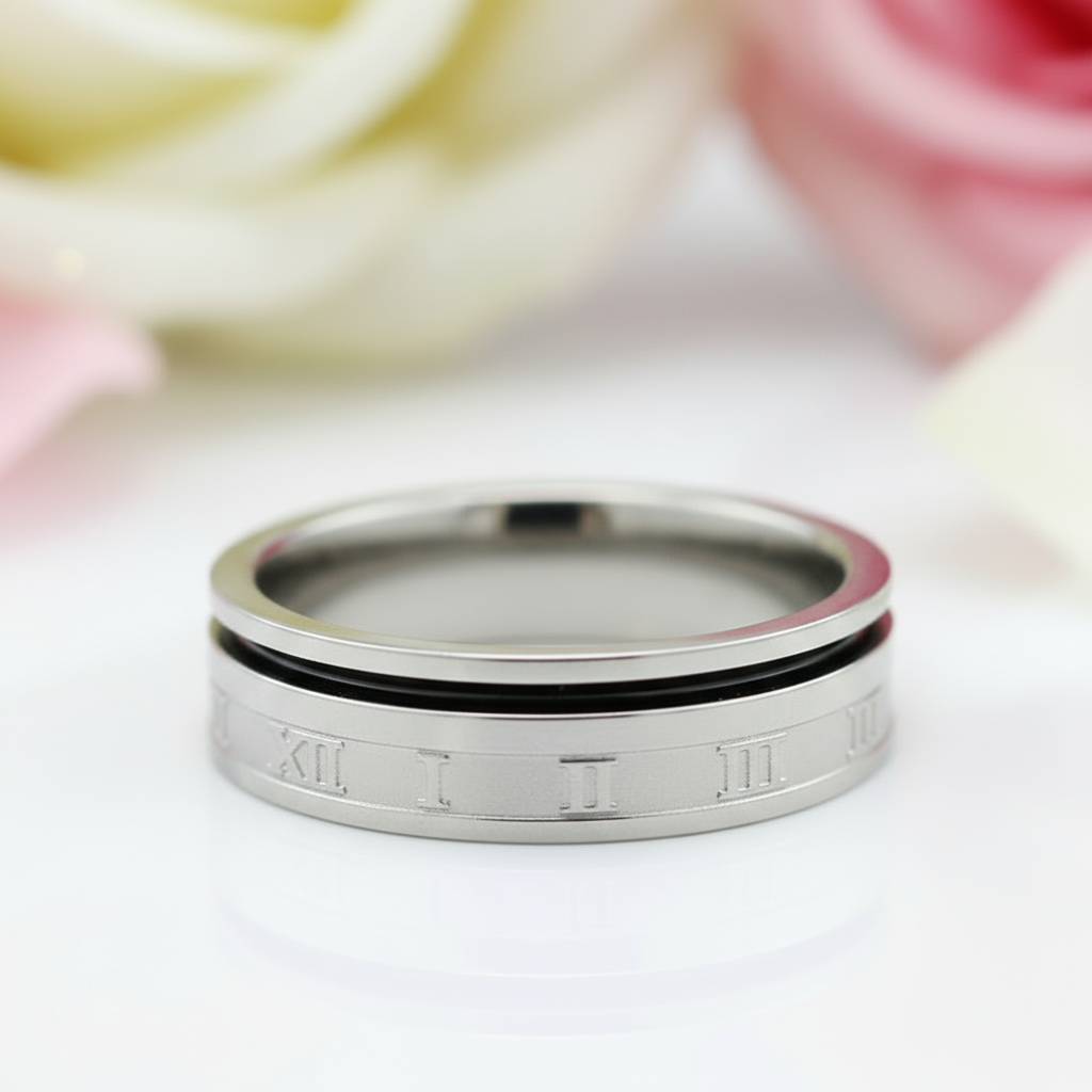 Roman Numbers Solid Stainless Steel Men's Ring Band-Black Diamonds New York