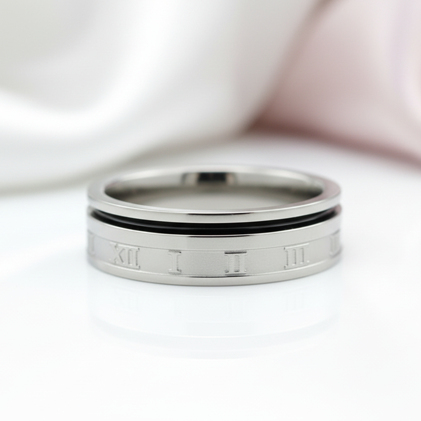 Roman Numbers Solid Stainless Steel Men's Ring Band-Black Diamonds New York