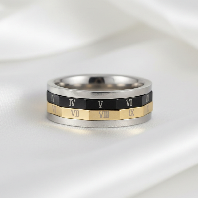 Roman Numbers Stainless Steel Rotatable Men's Ring Band-Black Diamonds New York