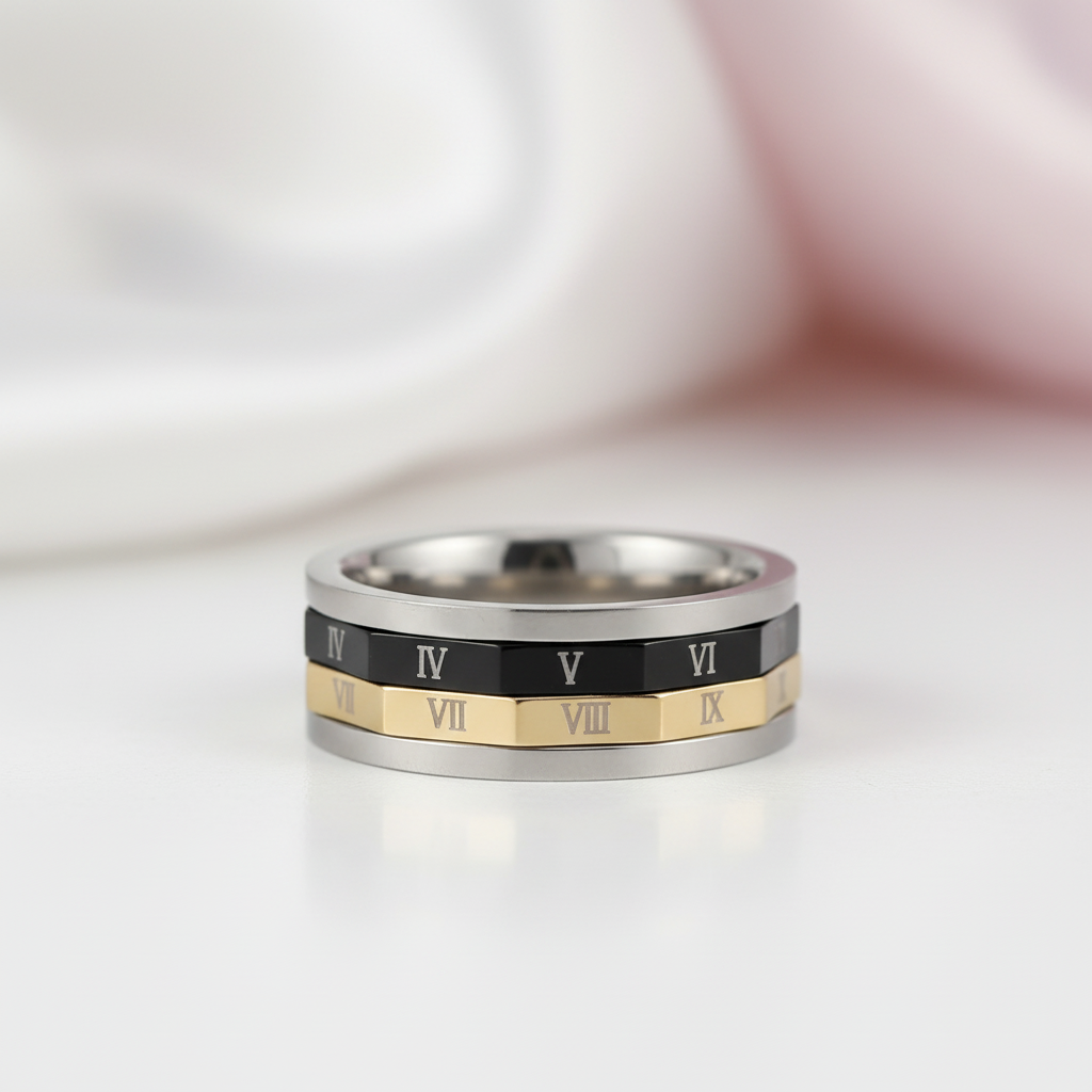 Roman Numbers Stainless Steel Rotatable Men's Ring Band-Black Diamonds New York