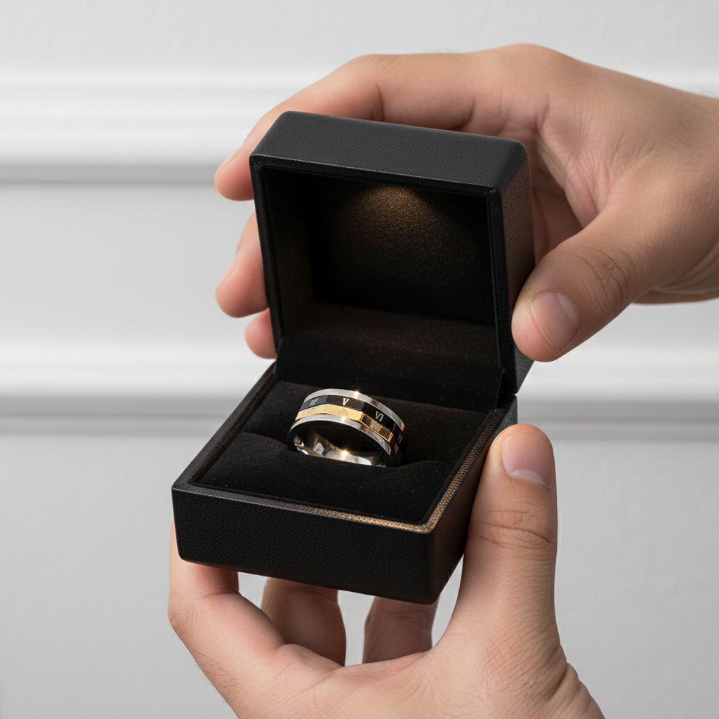 Roman Numbers Stainless Steel Rotatable Men's Ring Band-Black Diamonds New York
