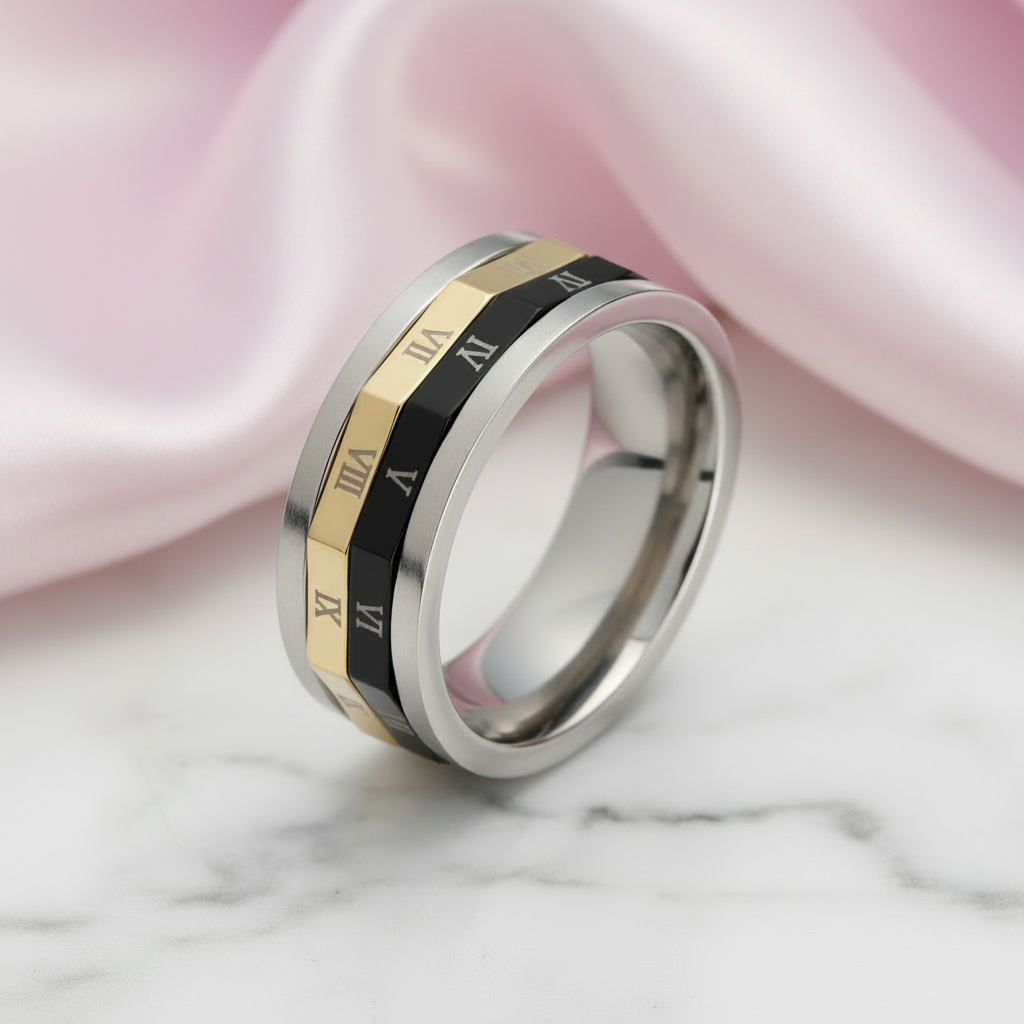 Roman Numbers Stainless Steel Rotatable Men's Ring Band-Black Diamonds New York