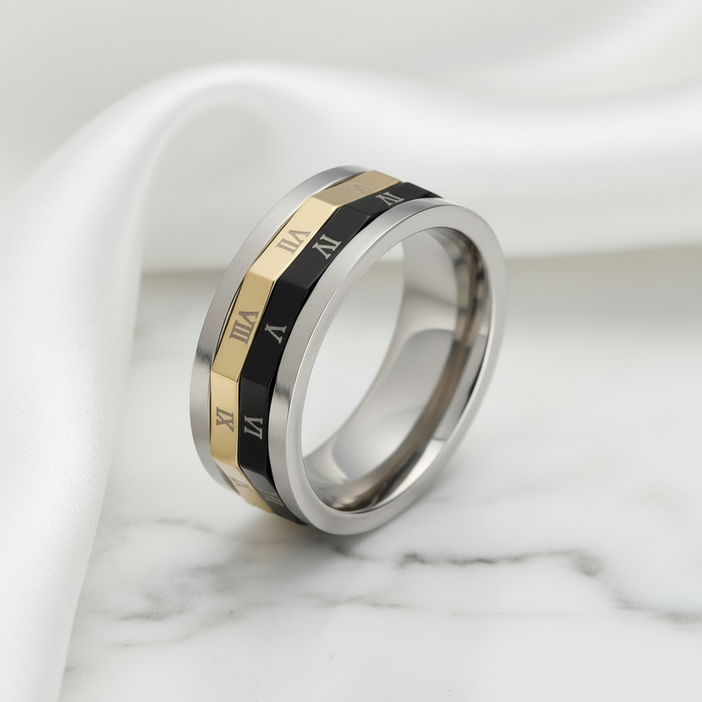 Roman Numbers Stainless Steel Rotatable Men's Ring Band-Black Diamonds New York