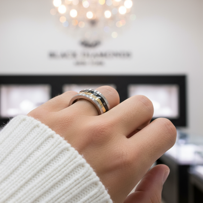 Roman Numbers Stainless Steel Rotatable Men's Ring Band-Black Diamonds New York