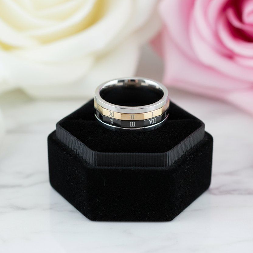 Roman Numbers Stainless Steel Rotatable Men's Ring Band-Black Diamonds New York