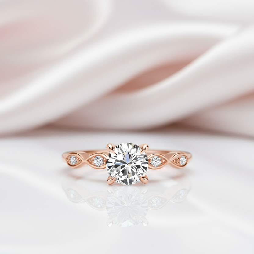 Rose gold ring with a diamond on a soft pink fabric background