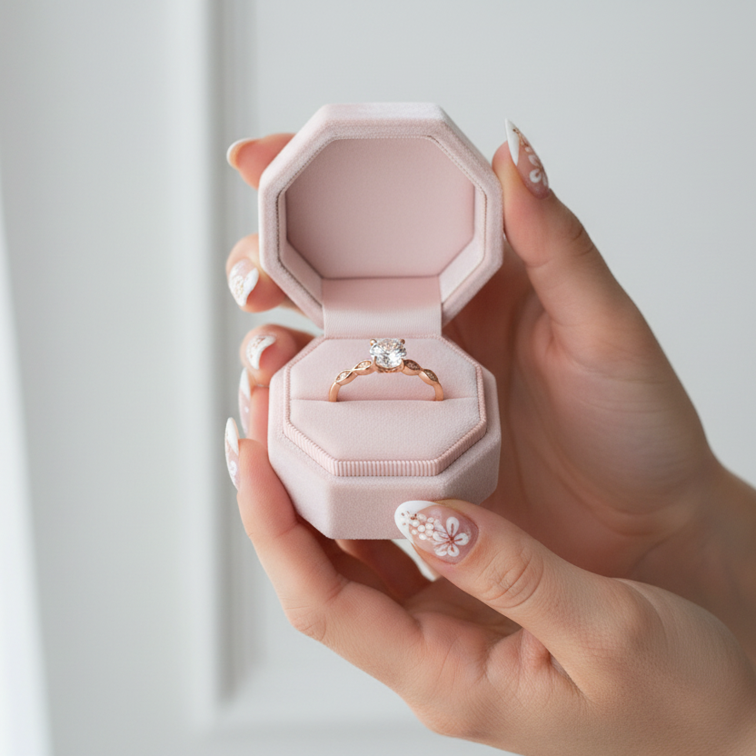 Hand holding a pink jewelry box with a ring inside against a light background