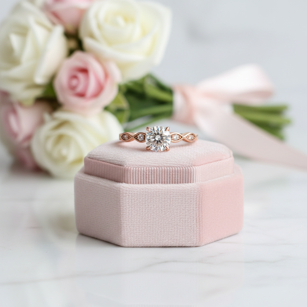 Rose gold ring with diamond on a pink velvet box in front of flowers