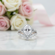 A silver-toned diamond ring with a large oval center stone and smaller diamond accents, displayed on a white marble surface with blurred pink and white roses in the background.