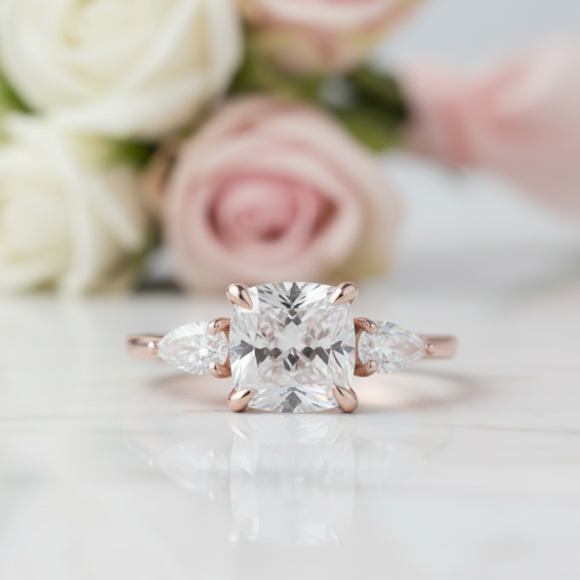 Rose Gold Cushion Cut Three Stone Diamond Engagement Ring