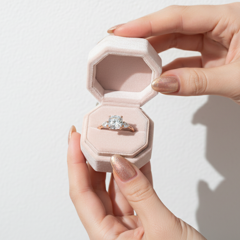 Rose Gold 2.0ct Cushion Cut Three Stone Diamond Engagement Ring