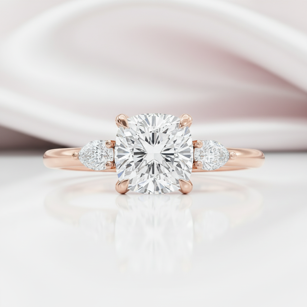 A rose gold engagement ring featuring a large cushion-cut diamond center stone and two smaller round diamonds on the shoulders, set against a soft, light pink and white background.
