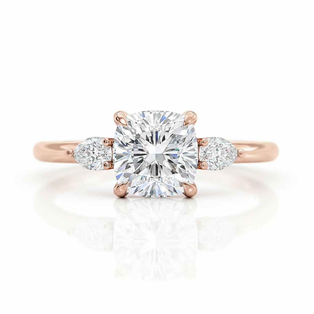 A rose gold engagement ring featuring a large cushion-cut diamond center stone and two smaller round diamonds on the shoulders, set against a clean white background with a soft reflection.