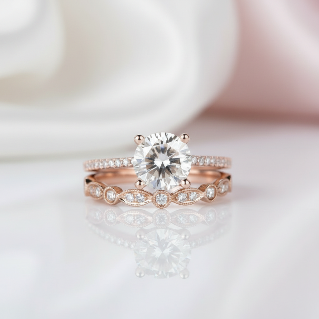 Rose Gold 2.0ct Round Cut Art Deco Bridal Set-Black Diamonds New York