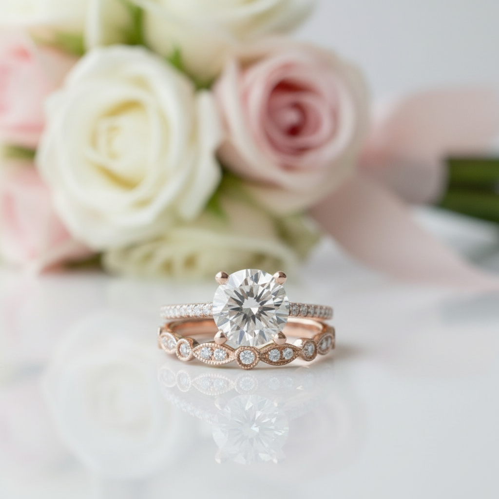 Rose Gold 2.0ct Round Cut Art Deco Bridal Set-Black Diamonds New York