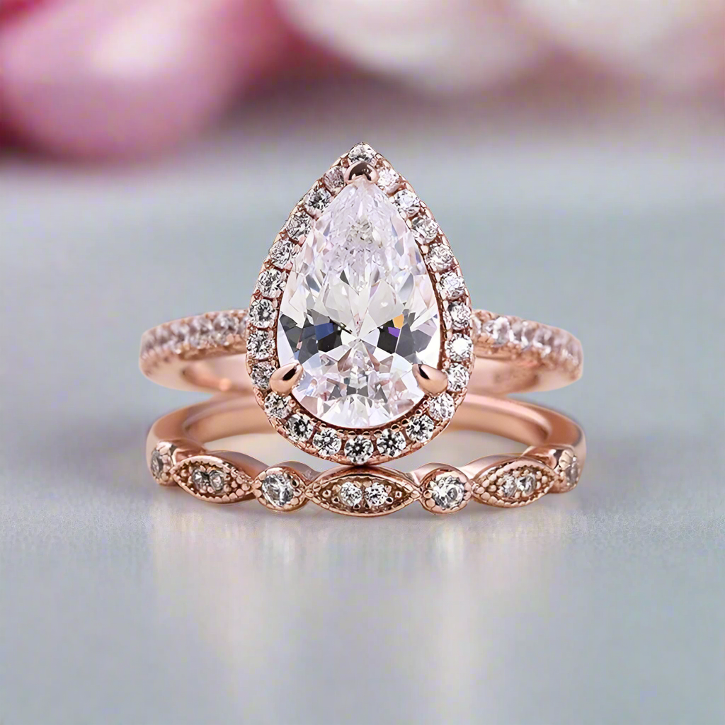 Rose Gold 2.2 Carat Halo Pear Cut White Sapphire Ring Set-Black Diamonds New York