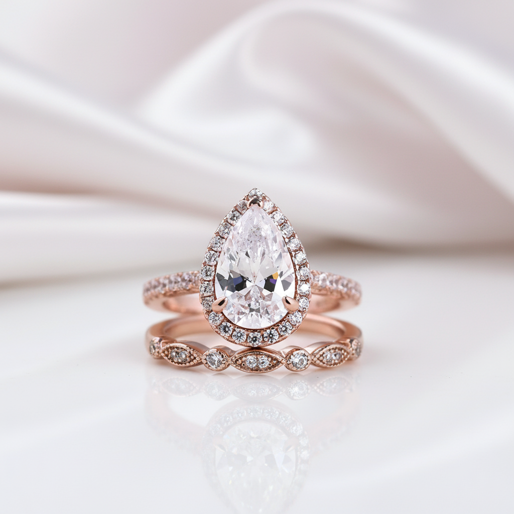 Rose Gold 2.2 Carat Halo Pear Cut White Sapphire Ring Set-Black Diamonds New York