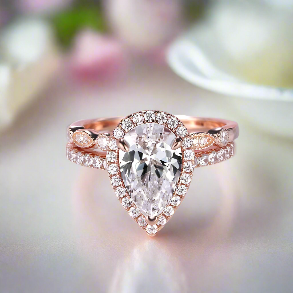 Rose Gold 2.2 Carat Halo Pear Cut White Sapphire Ring Set-Black Diamonds New York