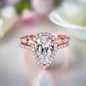 Rose Gold 2.2 Carat Halo Pear Cut White Sapphire Ring Set-Black Diamonds New York